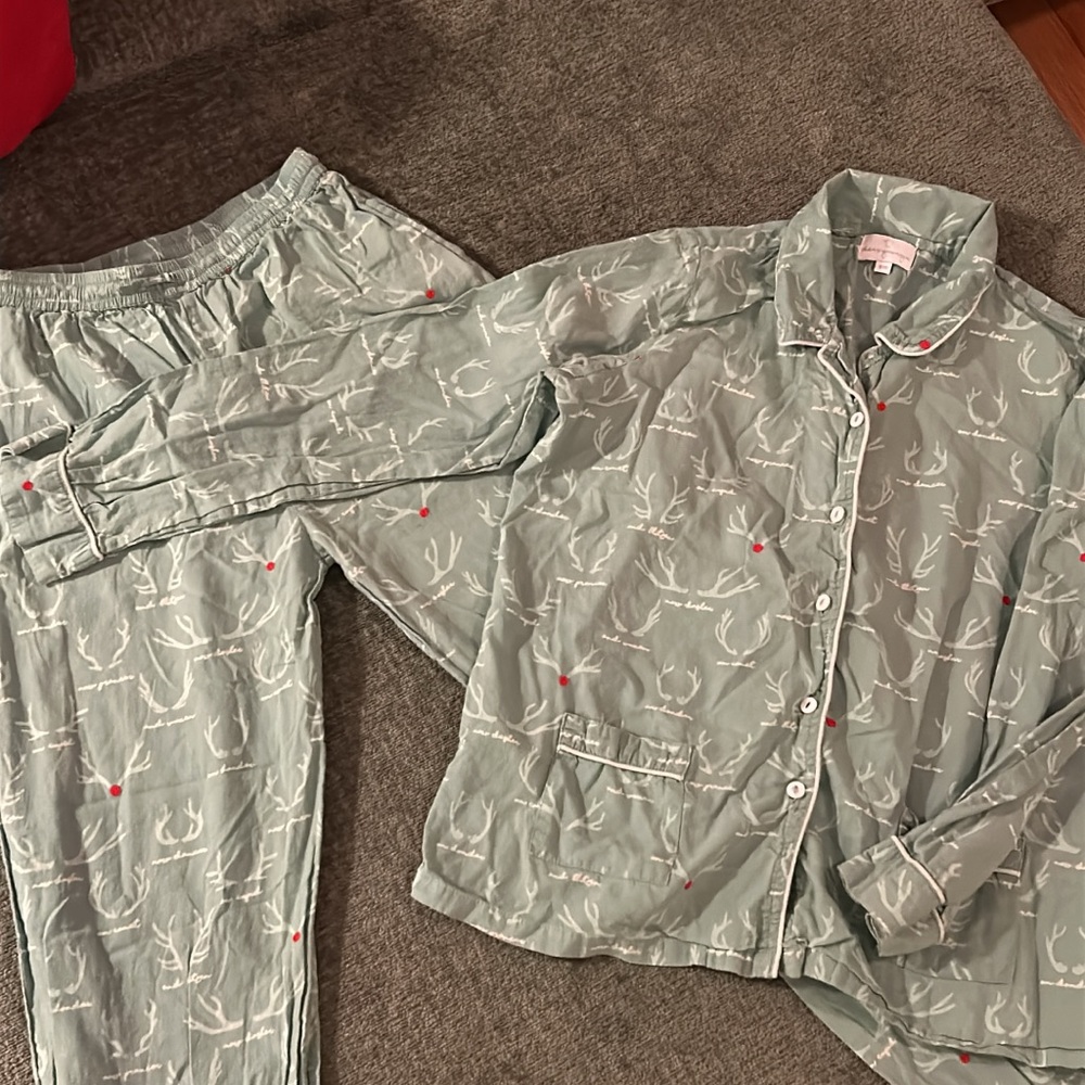 Sage Christmas Button Pajamas with Reindeer Print